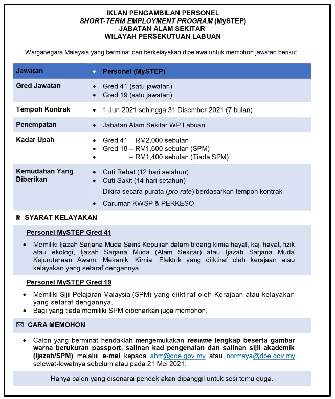 Jawatan Kosong Jabatan Alam Sekitar Tarikh Tutup Permohonan 21 Mei 2021 Jawatan Kosong
