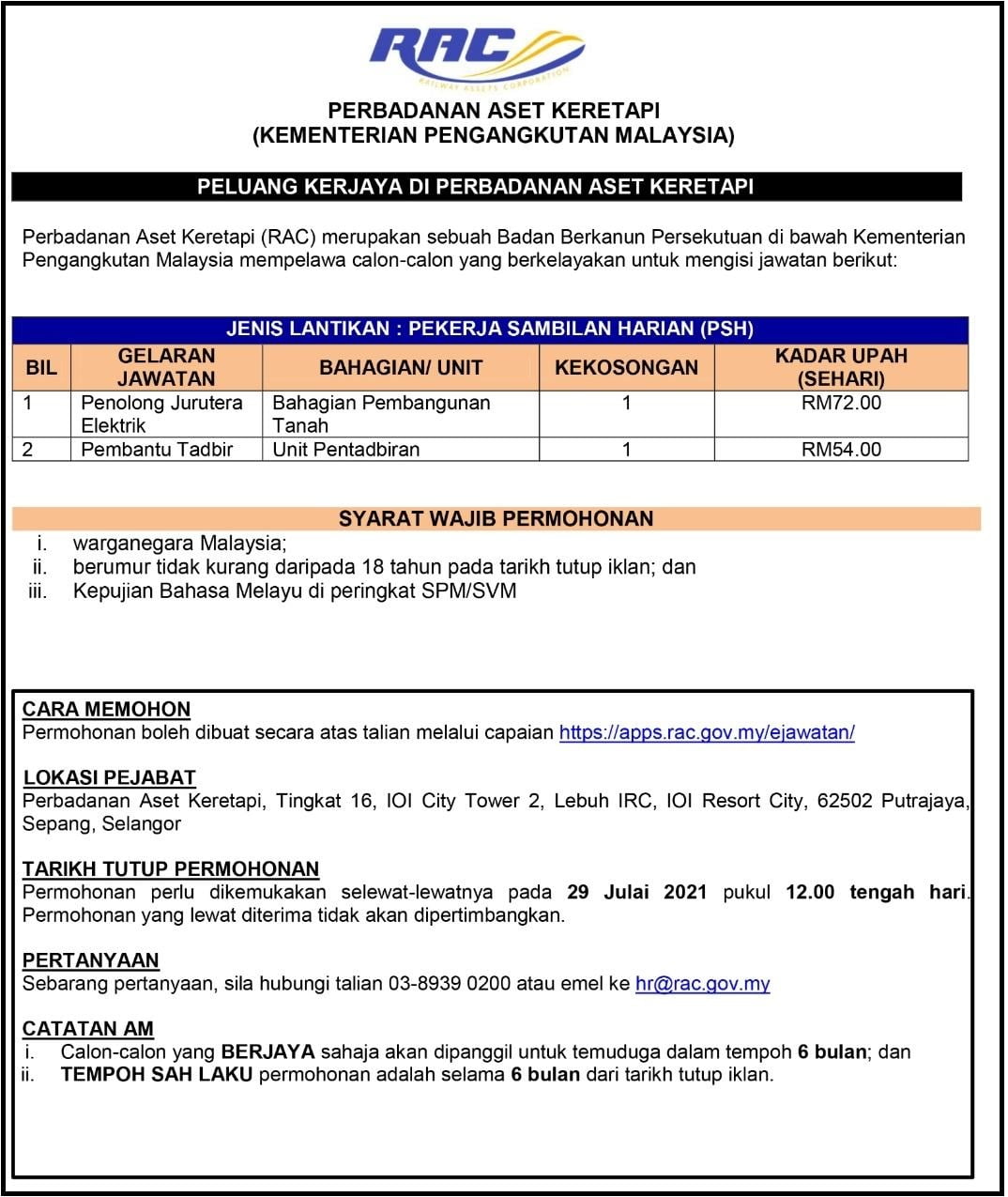 Iklan Jawatan Kosong Perbadanan Aset Keretapi (RAC) - Jawatan Kosong